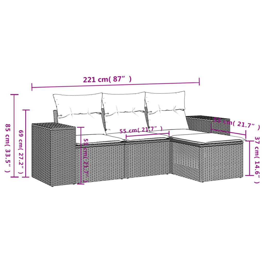 4-tlg. Garten-Sofagarnitur mit Kissen Schwarz Poly Rattan