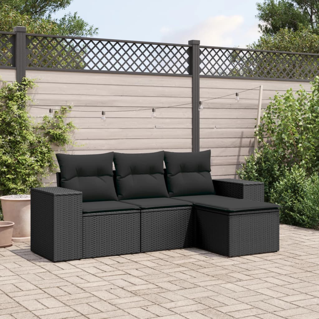 4-tlg. Garten-Sofagarnitur mit Kissen Schwarz Poly Rattan