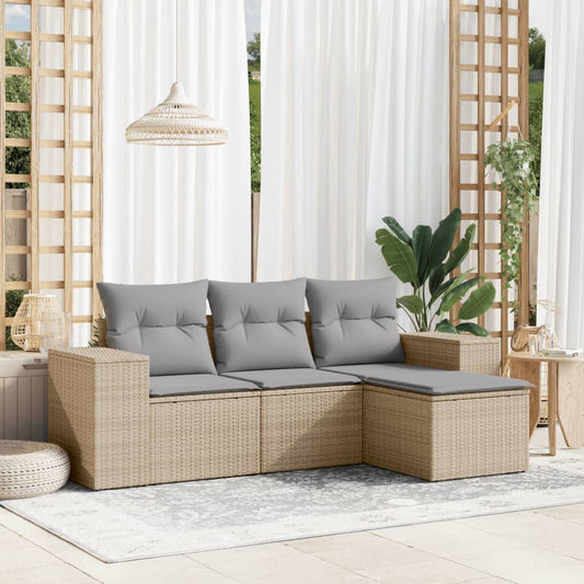 4-tlg. Garten-Sofagarnitur mit Kissen Beige Poly Rattan