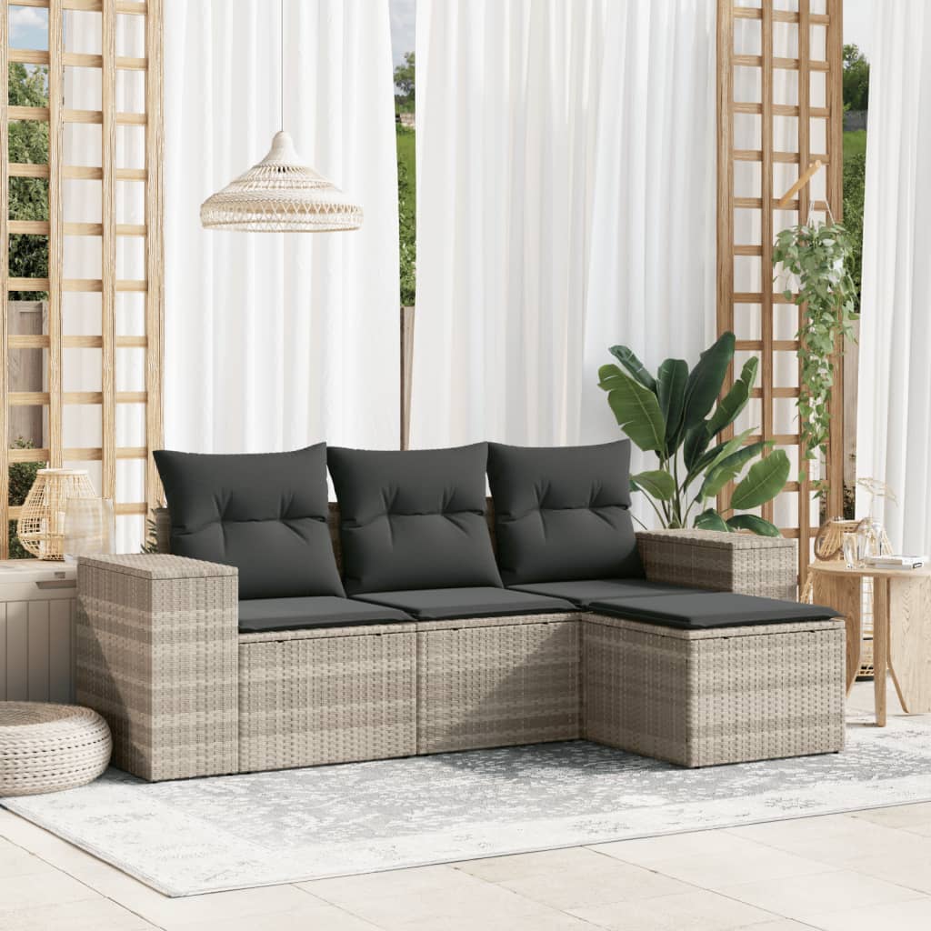 4-tlg. Garten-Sofagarnitur mit Kissen Hellgrau Poly Rattan