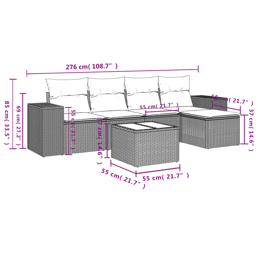 6-tlg. Garten-Sofagarnitur mit Kissen Schwarz Poly Rattan