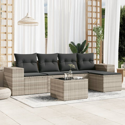 6-tlg. Garten-Sofagarnitur mit Kissen Hellgrau Poly Rattan