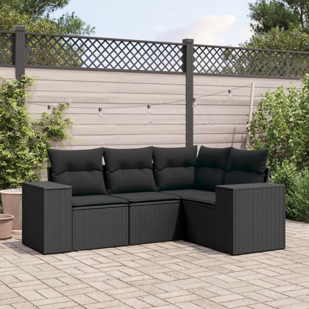 4-tlg. Garten-Sofagarnitur mit Kissen Schwarz Poly Rattan