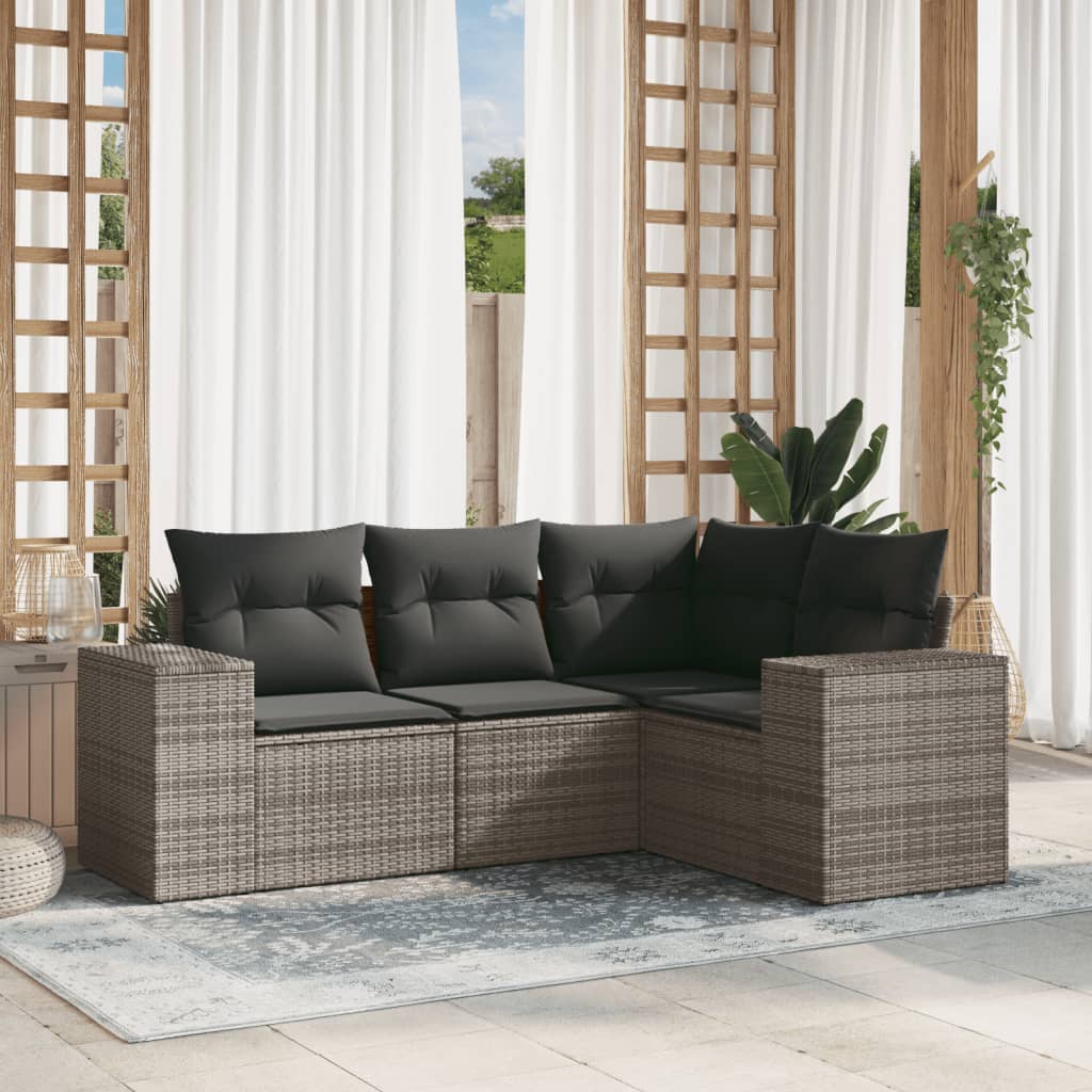 4-tlg. Garten-Sofagarnitur mit Kissen Grau Poly Rattan