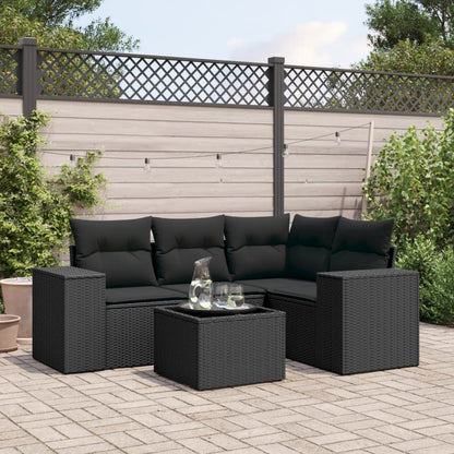 5-tlg. Garten-Sofagarnitur mit Kissen Schwarz Poly Rattan