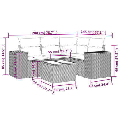 5-tlg. Garten-Sofagarnitur mit Kissen Grau Poly Rattan