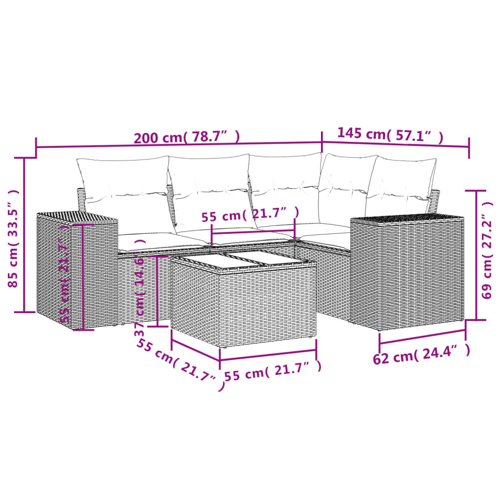 5-tlg. Garten-Sofagarnitur mit Kissen Hellgrau Poly Rattan