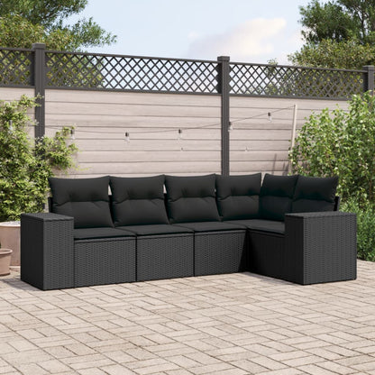 5-tlg. Garten-Sofagarnitur mit Kissen Schwarz Poly Rattan