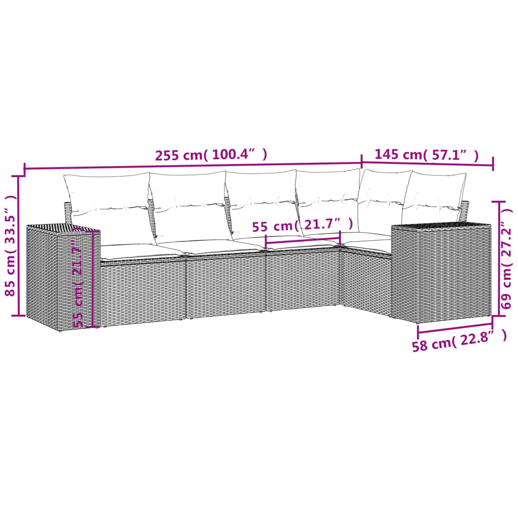 5-tlg. Garten-Sofagarnitur mit Kissen Hellgrau Poly Rattan