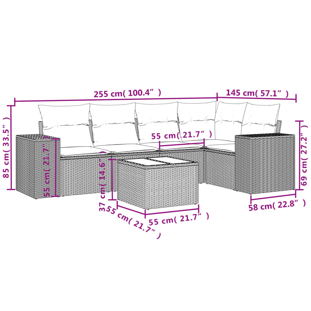 6-tlg. Garten-Sofagarnitur mit Kissen Schwarz Poly Rattan