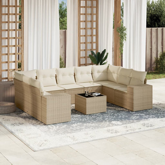 10-tlg. Garten-Sofagarnitur mit Kissen Beige Poly Rattan