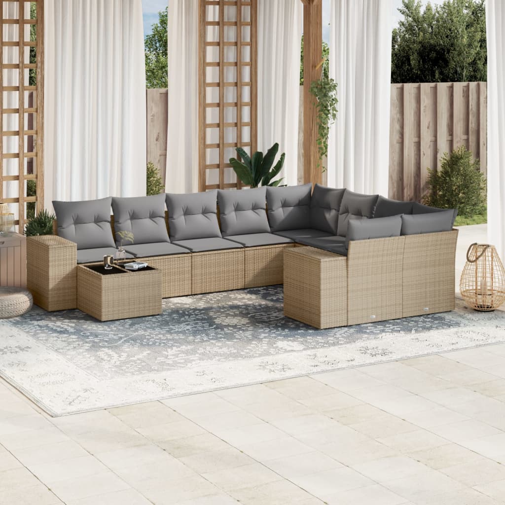 10-tlg. Garten-Sofagarnitur mit Kissen Beige Poly Rattan