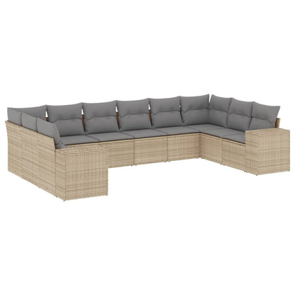 10-tlg. Garten-Sofagarnitur mit Kissen Beige Poly Rattan