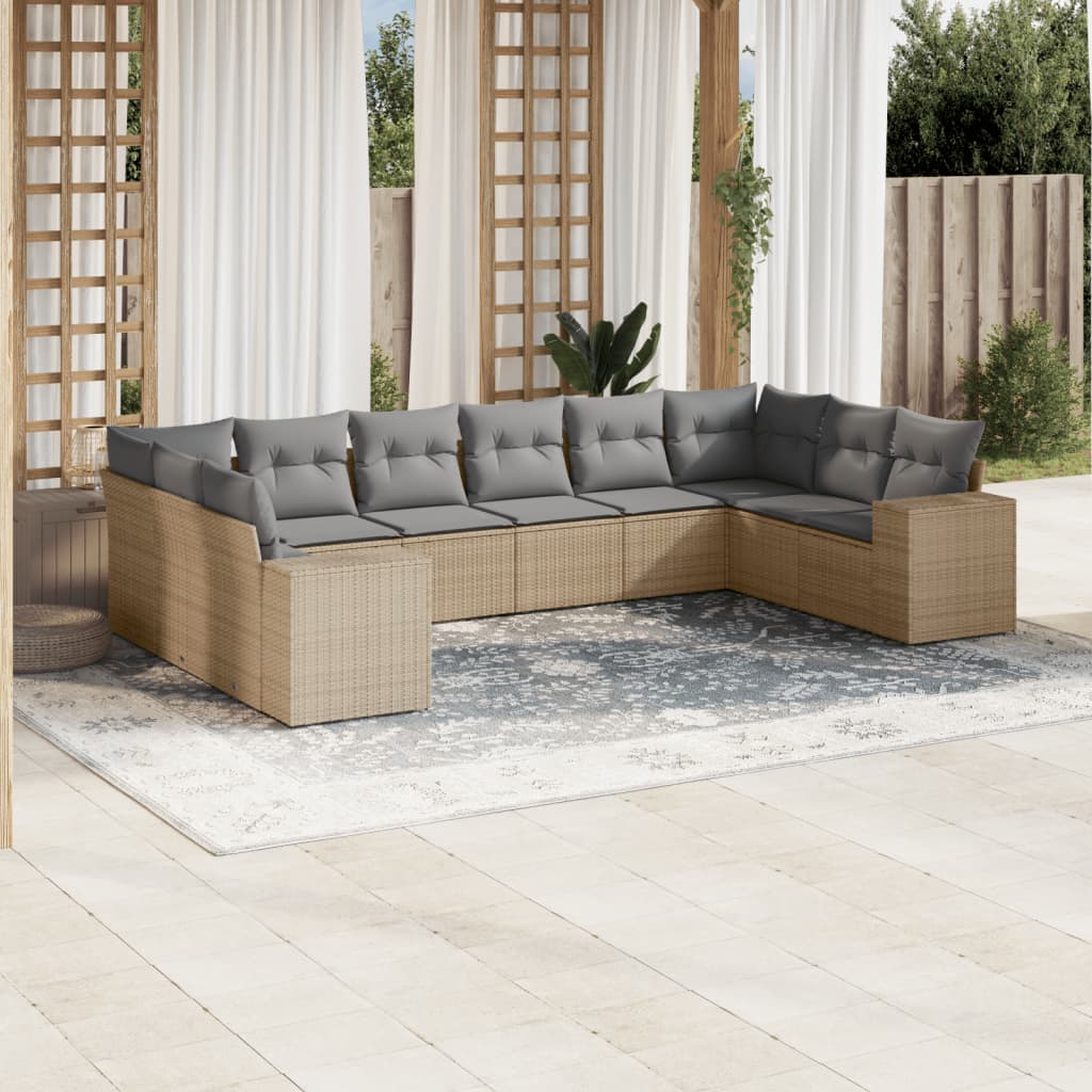 10-tlg. Garten-Sofagarnitur mit Kissen Beige Poly Rattan