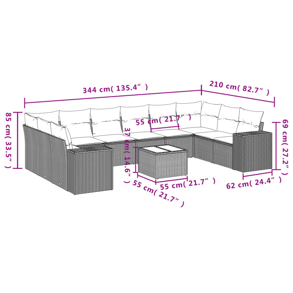 11-tlg. Garten-Sofagarnitur mit Kissen Schwarz Poly Rattan