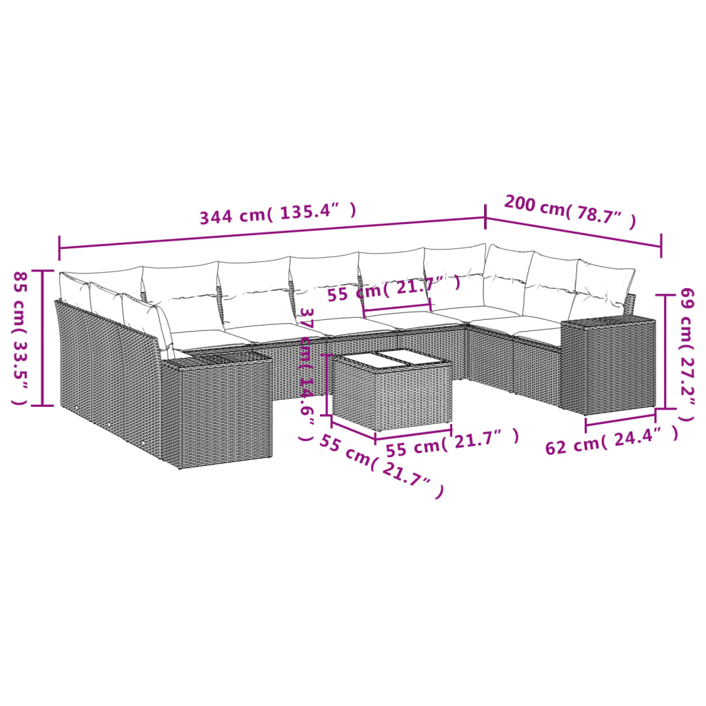 11-tlg. Garten-Sofagarnitur mit Kissen Hellgrau Poly Rattan