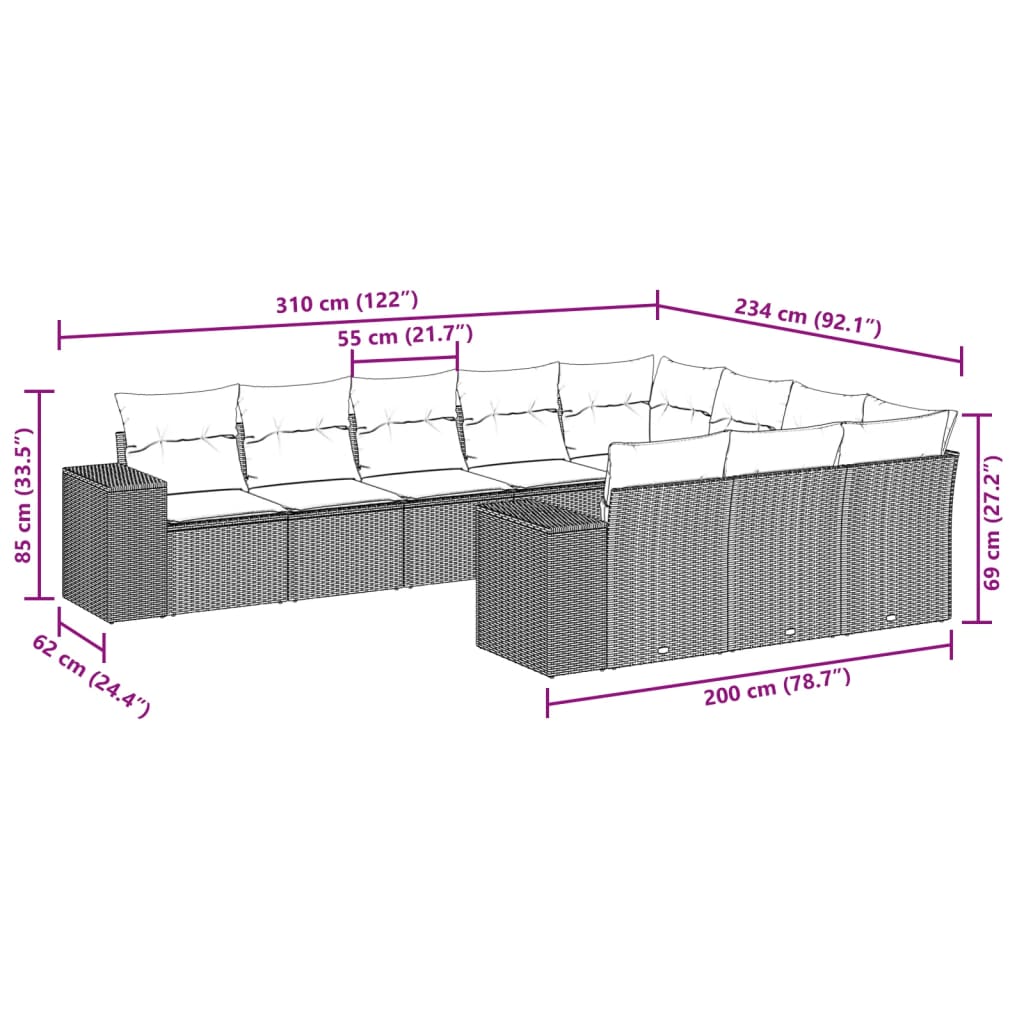 10-tlg. Garten-Sofagarnitur mit Kissen Grau Poly Rattan