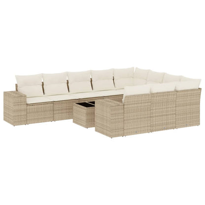 11-tlg. Garten-Sofagarnitur mit Kissen Beige Poly Rattan