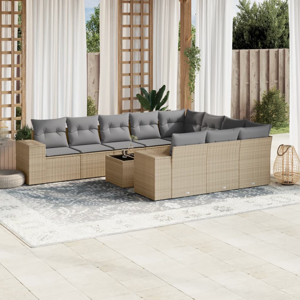 11-tlg. Garten-Sofagarnitur mit Kissen Beige Poly Rattan