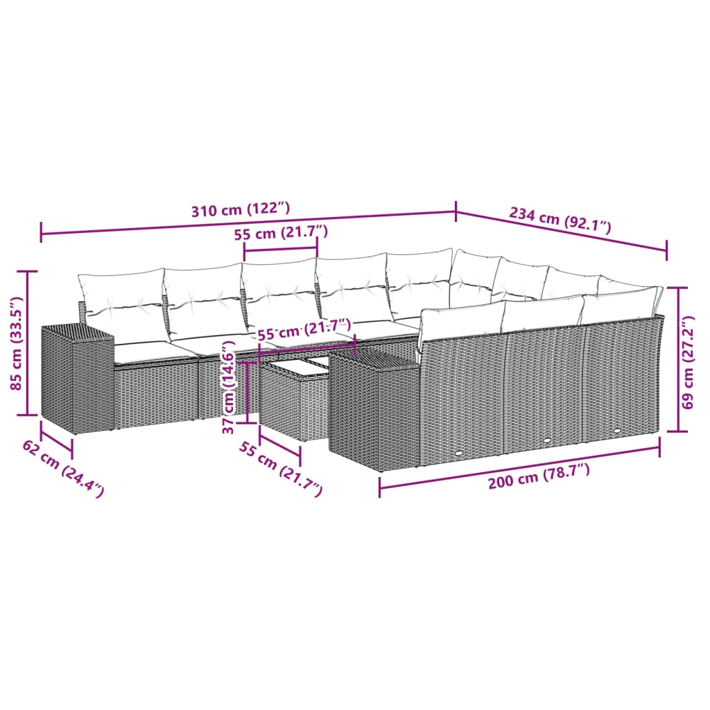 11-tlg. Garten-Sofagarnitur mit Kissen Grau Poly Rattan