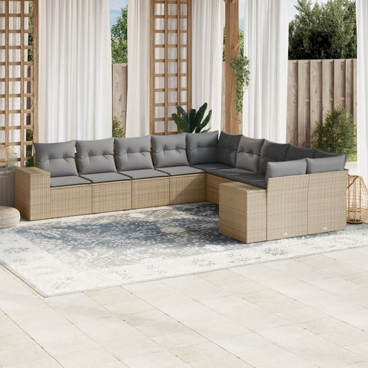 10-tlg. Garten-Sofagarnitur mit Kissen Beige Poly Rattan