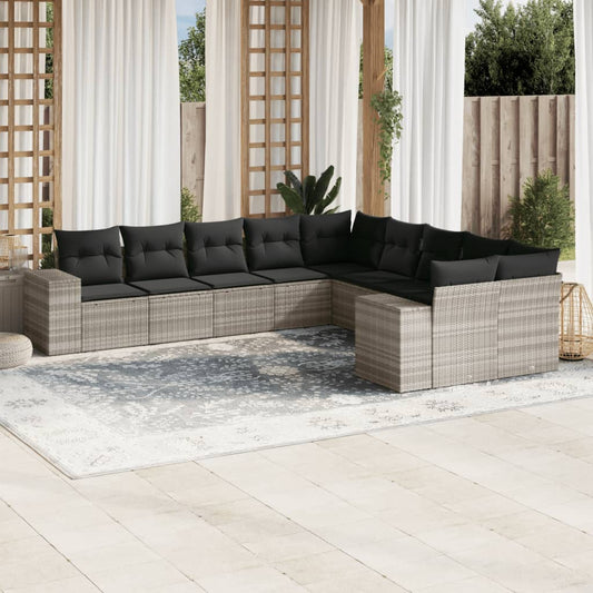 10-tlg. Garten-Sofagarnitur mit Kissen Hellgrau Poly Rattan