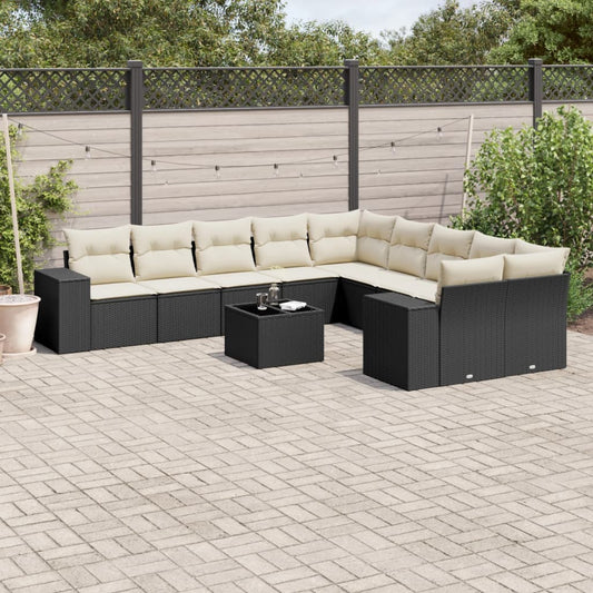 11-tlg. Garten-Sofagarnitur mit Kissen Schwarz Poly Rattan