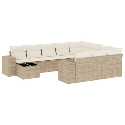 11-tlg. Garten-Sofagarnitur mit Kissen Beige Poly Rattan