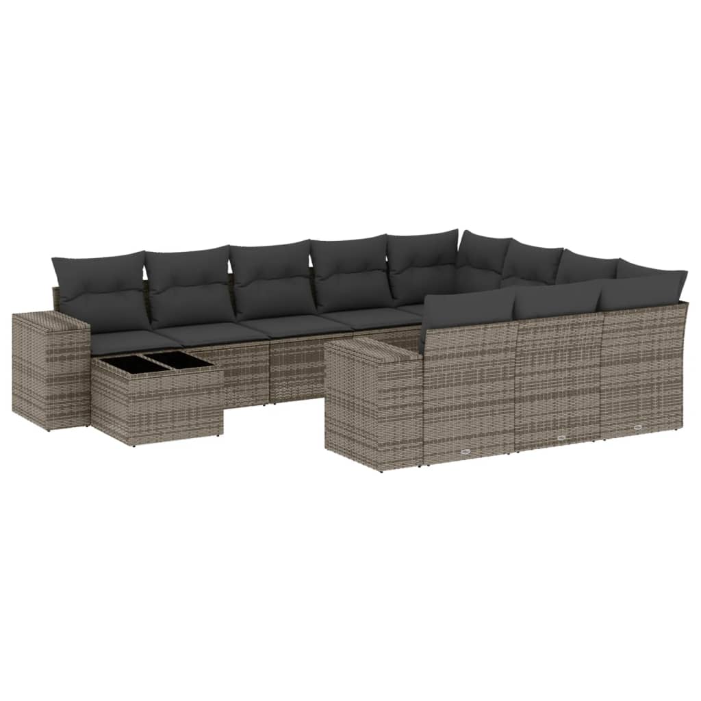 11-tlg. Garten-Sofagarnitur mit Kissen Grau Poly Rattan