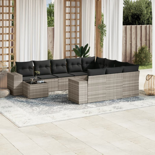 11-tlg. Garten-Sofagarnitur mit Kissen Hellgrau Poly Rattan