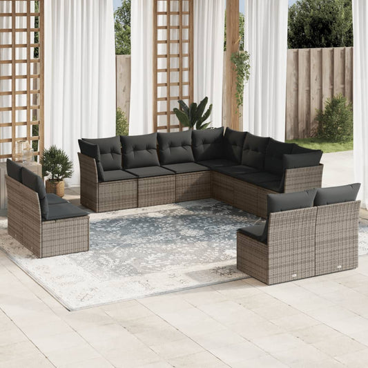 11-tlg. Garten-Sofagarnitur mit Kissen Grau Poly Rattan