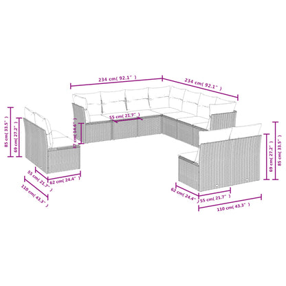 11-tlg. Garten-Sofagarnitur mit Kissen Hellgrau Poly Rattan