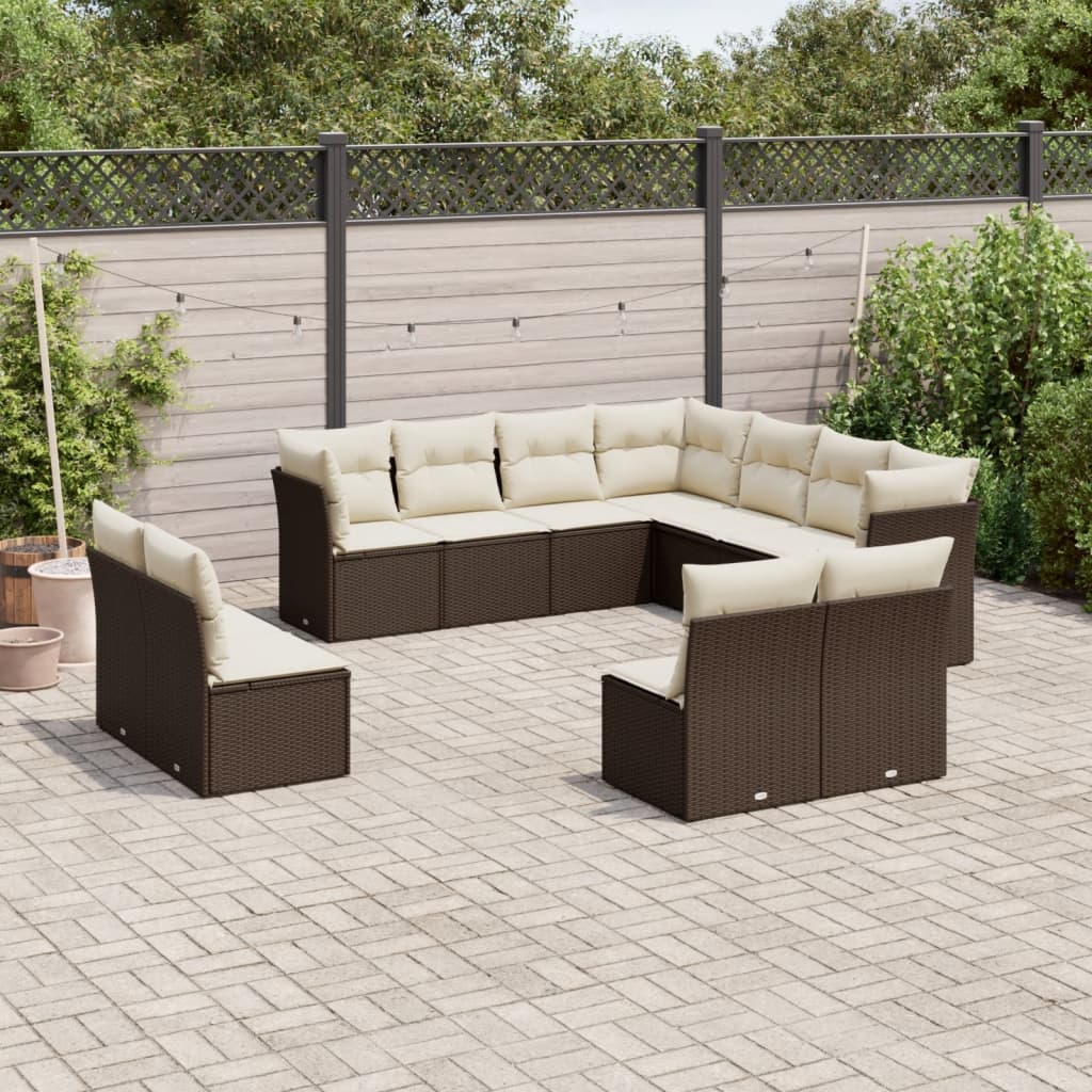 11-tlg. Garten-Sofagarnitur mit Kissen Braun Poly Rattan