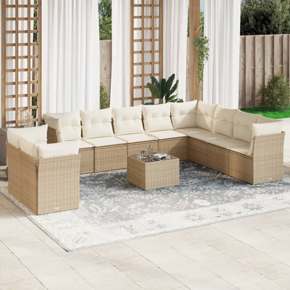 11-tlg. Garten-Sofagarnitur mit Kissen Beige Poly Rattan