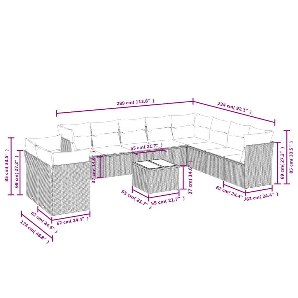 11-tlg. Garten-Sofagarnitur mit Kissen Hellgrau Poly Rattan