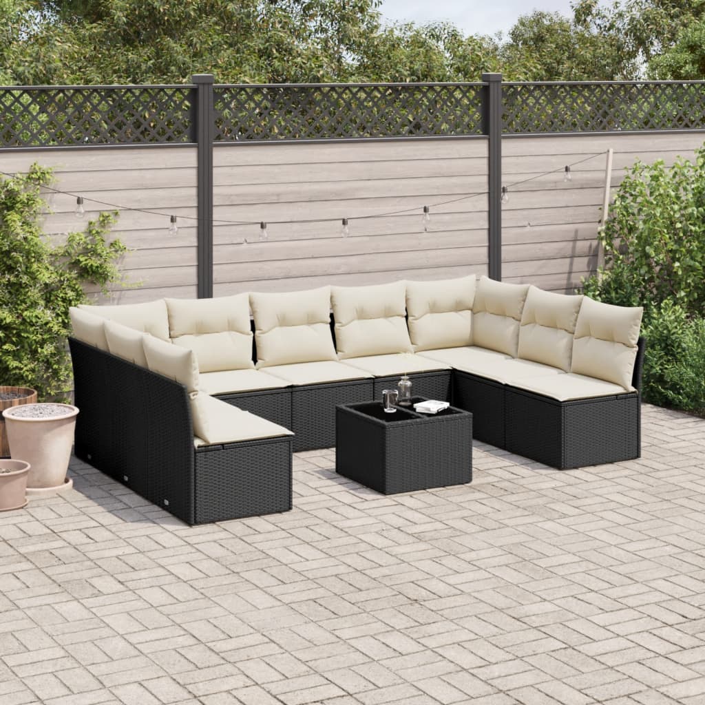 10-tlg. Garten-Sofagarnitur mit Kissen Schwarz Poly Rattan