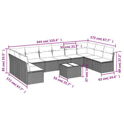 11-tlg. Garten-Sofagarnitur mit Kissen Grau Poly Rattan