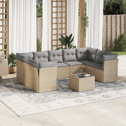 10-tlg. Garten-Sofagarnitur mit Kissen Beige Poly Rattan