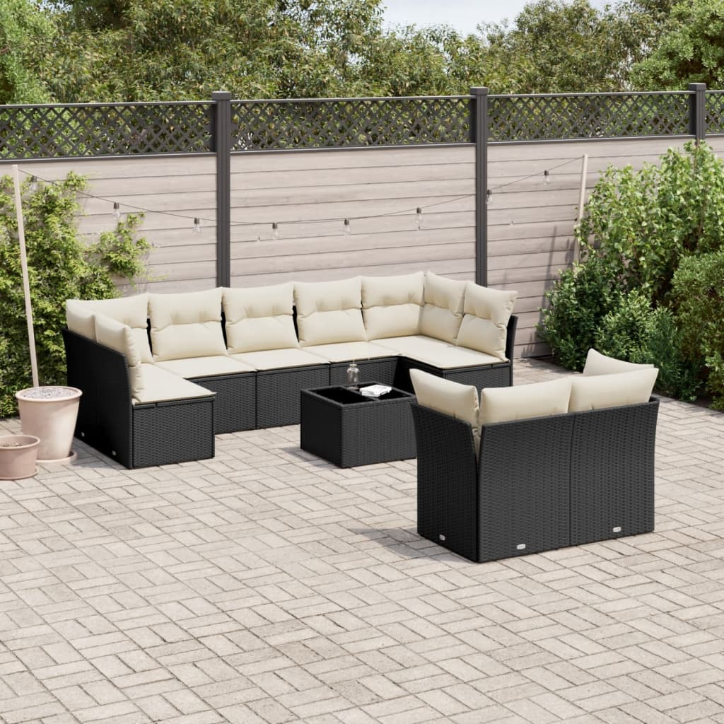 10-tlg. Garten-Sofagarnitur mit Kissen Schwarz Poly Rattan