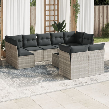 10-tlg. Garten-Sofagarnitur mit Kissen Hellgrau Poly Rattan