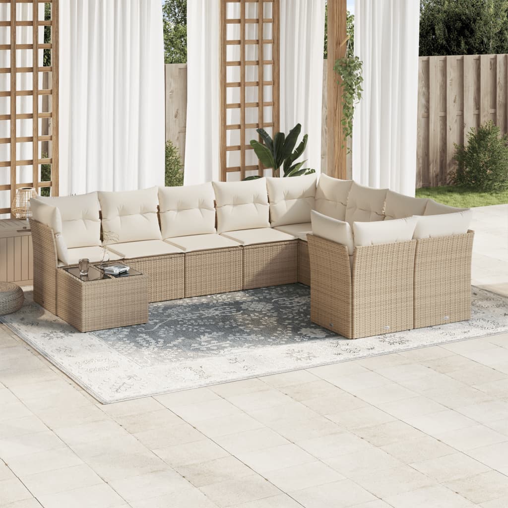 10-tlg. Garten-Sofagarnitur mit Kissen Beige Poly Rattan