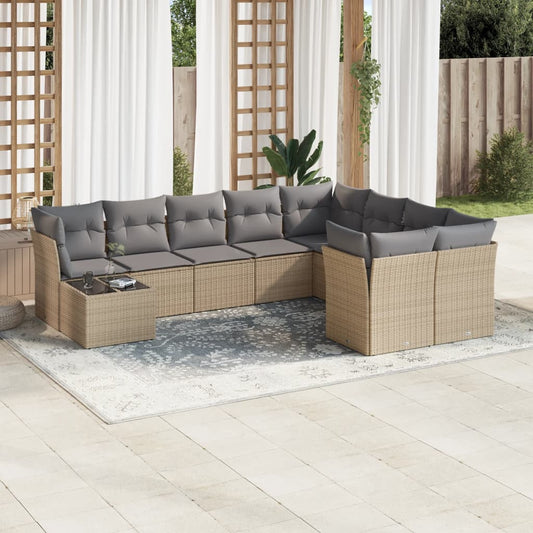 10-tlg. Garten-Sofagarnitur mit Kissen Beige Poly Rattan