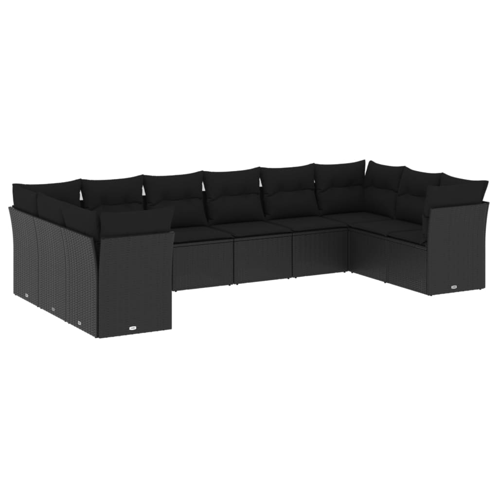 10-tlg. Garten-Sofagarnitur mit Kissen Schwarz Poly Rattan