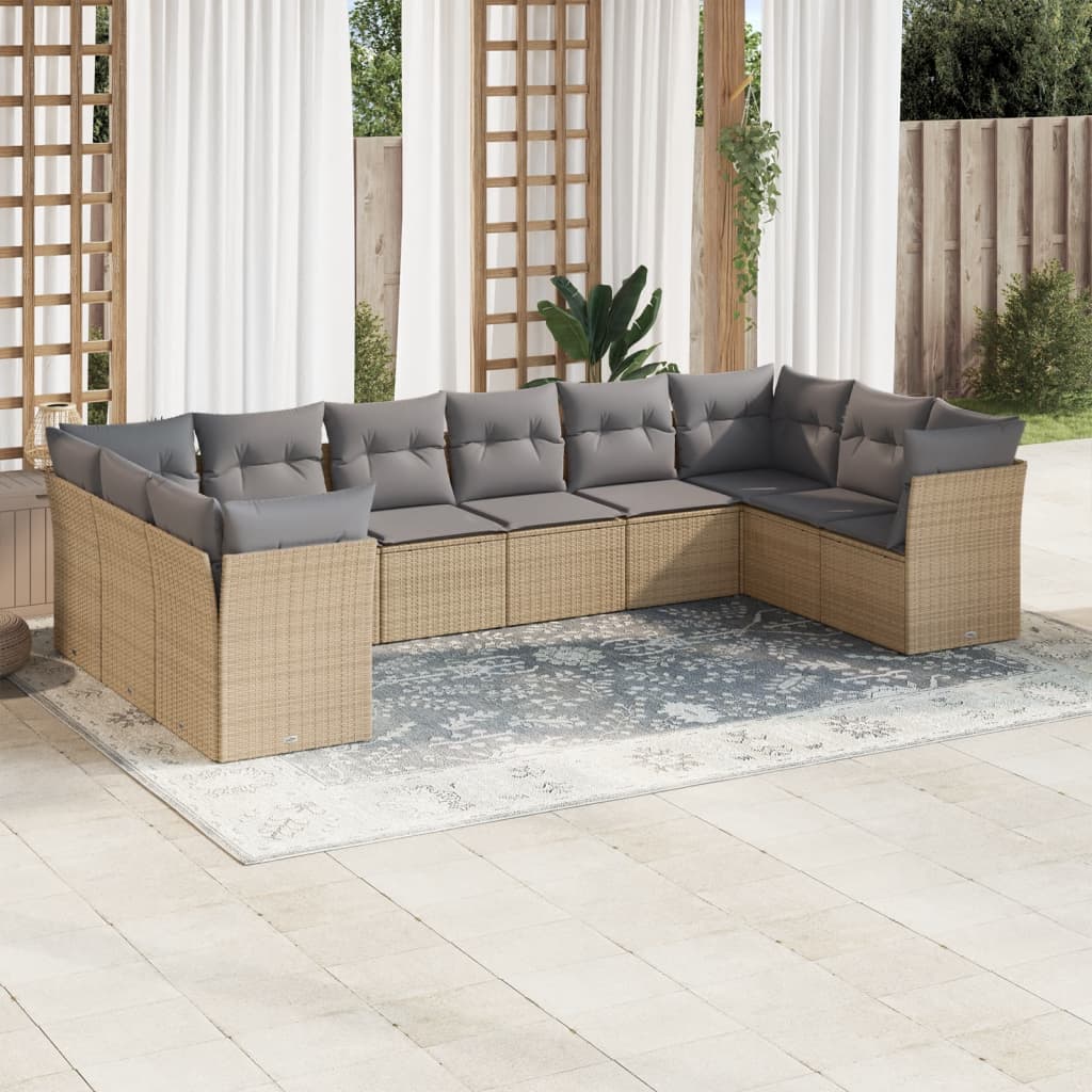 10-tlg. Garten-Sofagarnitur mit Kissen Beige Poly Rattan