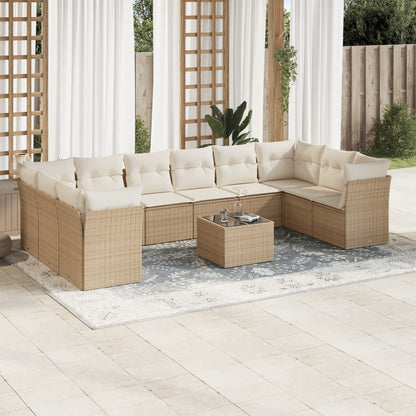 11-tlg. Garten-Sofagarnitur mit Kissen Beige Poly Rattan