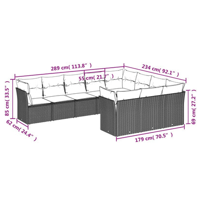 10-tlg. Garten-Sofagarnitur mit Kissen Hellgrau Poly Rattan