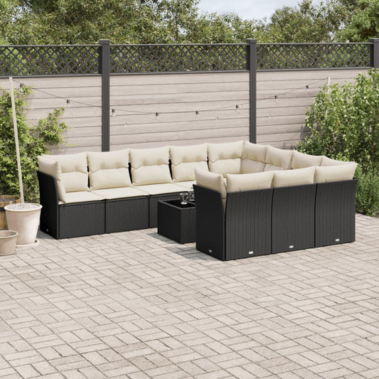 11-tlg. Garten-Sofagarnitur mit Kissen Schwarz Poly Rattan