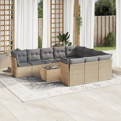 11-tlg. Garten-Sofagarnitur mit Kissen Beige Poly Rattan