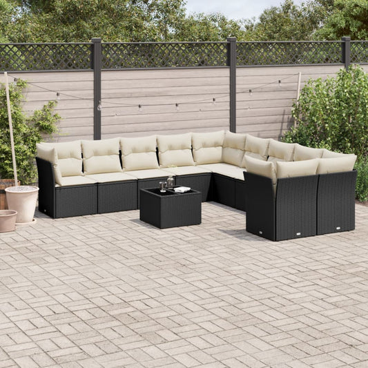 11-tlg. Garten-Sofagarnitur mit Kissen Schwarz Poly Rattan