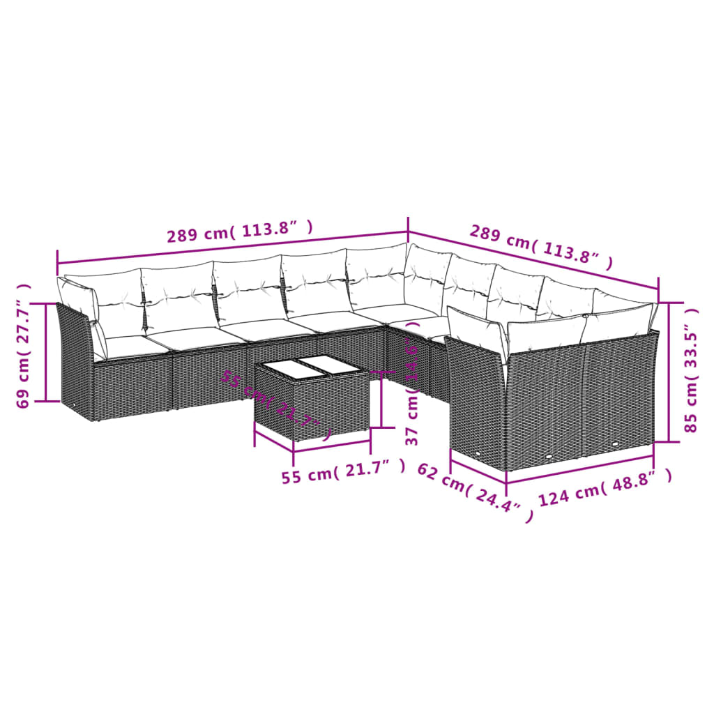 11-tlg. Garten-Sofagarnitur mit Kissen Hellgrau Poly Rattan